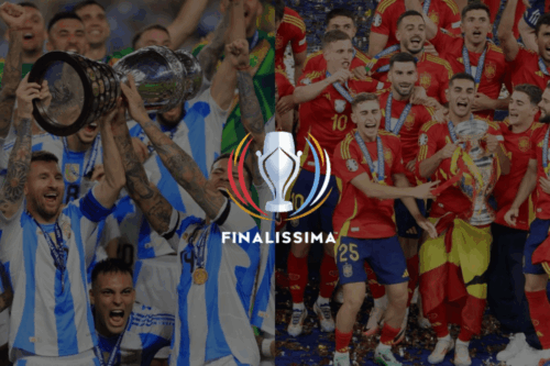 Equipos de Argentina y España, logo de la copa finalissima