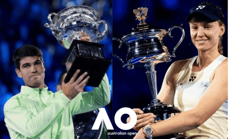 Carlos Alcaraz y Elena Rybakina con sus trofeos