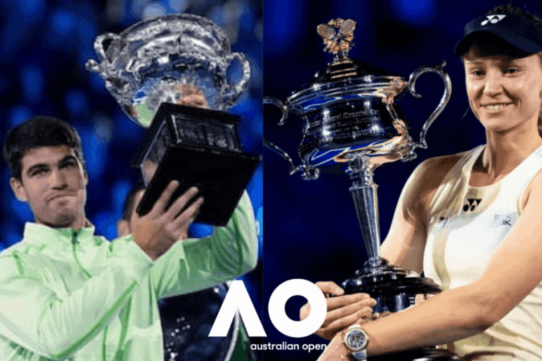 Carlos Alcaraz y Elena Rybakina con sus trofeos