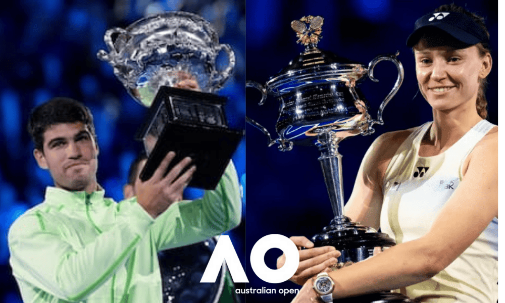 Carlos Alcaraz y Elena Rybakina con sus trofeos