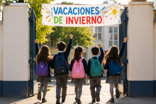 Niños saliendo de la escuela con cartel con leyenda "VACACIONES DE INVIERNO"