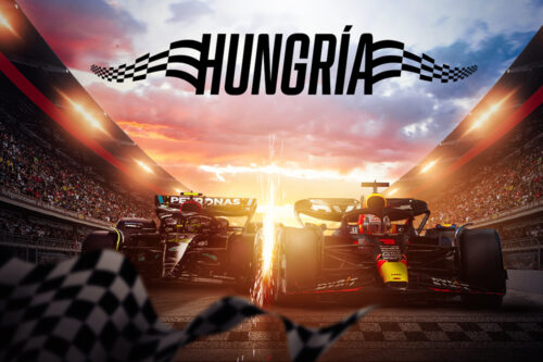 monoplazas de la formula 1 cruzando la linea final, banderines a cuadros