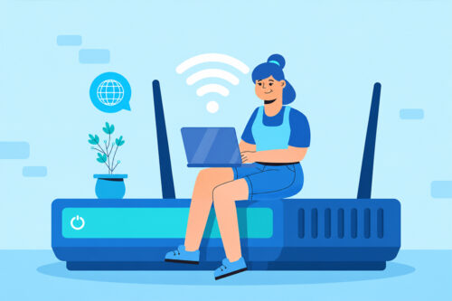 Ilustracion de usuaria con router wifi