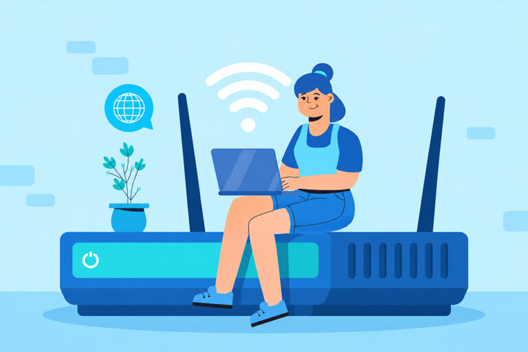 Ilustracion de usuaria con router wifi