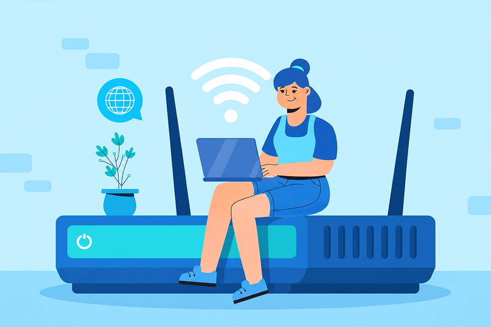 Ilustracion de usuaria con router wifi